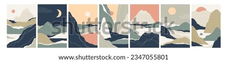 Abstract landscapes set. Nature sceneries cards. Oriental Asian posters backgrounds with mountains, hills, sun and moon. Vertical art, artworks in Japanese aesthetic. Trendy flat vector illustrations