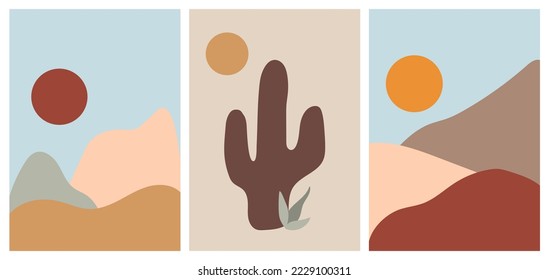 Abstract landscapes set with sun, cactus, mountains, hills, moon, waves and plants. Modern vintage bohemian design templates for posters, prints, cards or social media. Minimalist vector illustration 