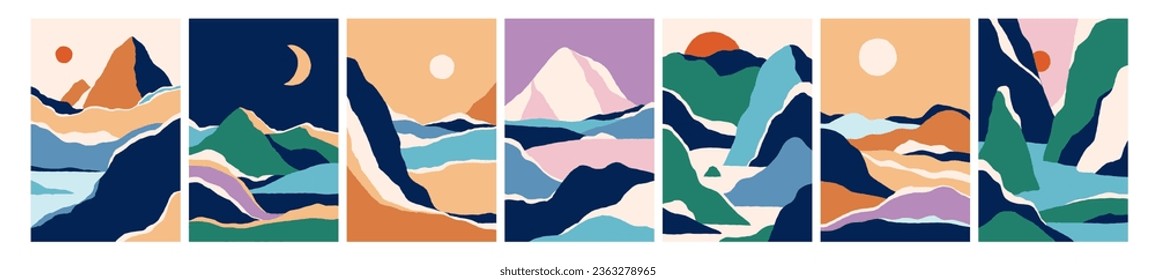 Abstract landscapes, travel cards set. Nature sceneries, vertical backgrounds. Mountain and sea pattern, sun and moon, interior posters designs in modern trendy style. Flat vector illustrations