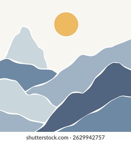 Abstract lanscape panorama posters. Organic shapes matisse style, naive art, contemporary backgrounds. sun and mountains vector illustration