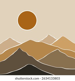 Abstract lanscape panorama posters. Organic doodle shapes matisse style, naive art, contemporary backgrounds. Sun and mountains vector illustration