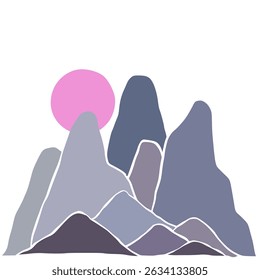 Abstract lanscape panorama posters. Organic doodle shapes matisse style, naive art, contemporary backgrounds. Sun and mountains vector illustration