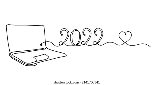 Abstract laptop with 2022 year as line drawing on white as background. Vector