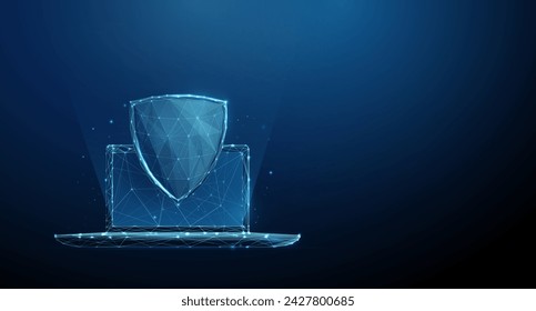 Abstract laptop with blue futuristic guard shield. Protection, cyber security and insurance concept. Low poly style design. Blue geometric background. Wireframe light connection structure. Vector.