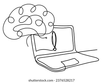 Resumen de la laptop y el cerebro como dibujo en línea sobre fondo blanco. Vector