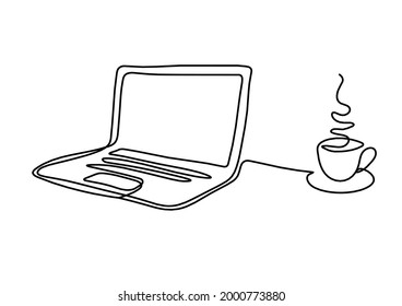 Abstract laptop with cup of hot drink as line drawing on white background. Vector