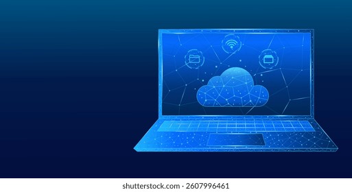 Abstract laptop with digital cloud computing icons. Abstract cloud technology. Blue technology data storage. Internet and network services concept