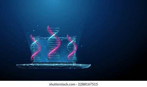 Abstract laptop with DNA molecule helix. Gene editing, genetic biotechnology engineering concept. Low poly style design. Blue geometric background. Wireframe light connection structure. Vector.