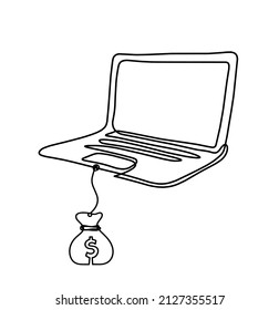 Abstract laptop with dollar as line drawing on white as background. Vector