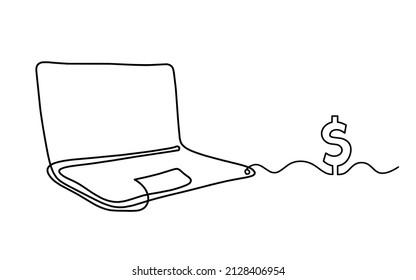 Abstract laptop with dollar as line drawing on white as background. Vector