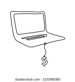 Abstract laptop with dollar as line drawing on white as background. Vector