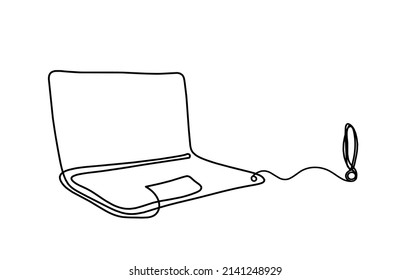 Abstract laptop with exclamation mark as line drawing on white as background. Vector