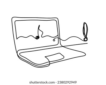 Resumen del portátil y el signo de exclamación como dibujo en línea sobre fondo blanco. Vector