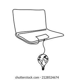 Resumen portátil con bombilla de luz del globo como dibujo en línea sobre blanco como fondo. Vector