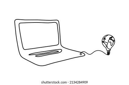 Abstract laptop with globe light bulb as line drawing on white as background. Vector