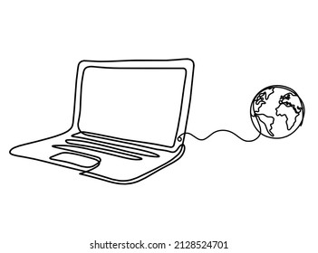 Abstract laptop with globe as line drawing on white as background. Vector