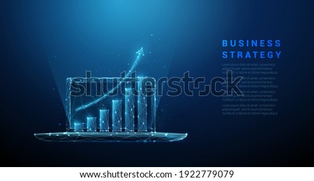 Abstract laptop with graph growing up. Low poly style design.  Business strategy concept. Blue geometric background. Wireframe light connection structure. Modern 3d graphic. Vector illustration.