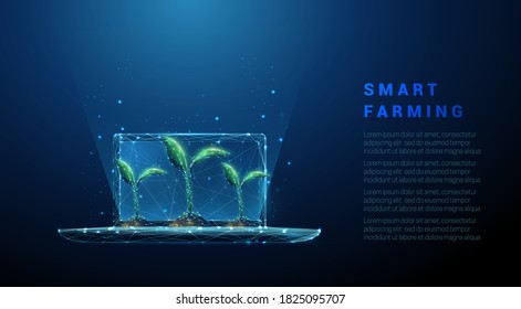 Abstrakter Laptop mit grünen Pflanzen. Intelligente Landwirtschaft Low-Poly-Design. Blauer geometrischer Hintergrund. Verbindungsstruktur für die Wireframe-Beleuchtung. Moderne 3D-Grafik. Einzige Vektorgrafik.
