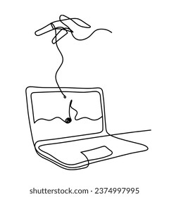 Abstract laptop and hand as line drawing on white background. Vector