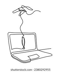 Abstract laptop and hand as line drawing on white background. Vector