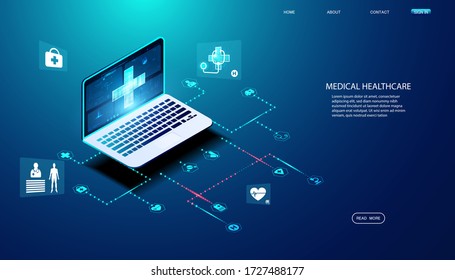 Abstract laptop health and icon health concept Providing online consultation and medical advice to users.