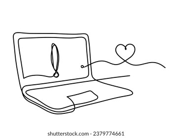 Abstract laptop and heart as line drawing on white background. Vector