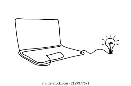 Resumen portátil con bombilla de luz como dibujo de línea sobre blanco como fondo. Vector