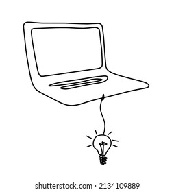 Abstract laptop with light bulb as line drawing on white as background. Vector