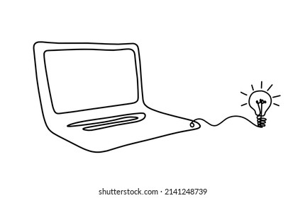 Abstract laptop with light bulb as line drawing on white as background. Vector