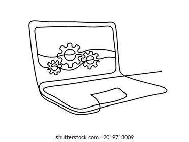 Abstract laptop and metal gears wheels as line drawing on white background. Vector