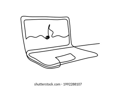 Resumen de un portátil con una nota como dibujo en línea sobre fondo blanco. Vector