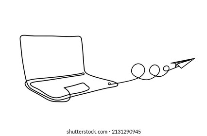 Abstract laptop with paper plane as line drawing on white as background. Vector