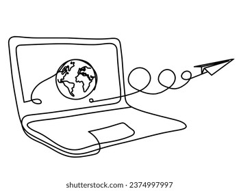 Abstract laptop and paper plane as line drawing on white background. Vector