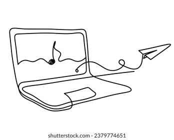 Abstract laptop and paper plane as line drawing on white background. Vector