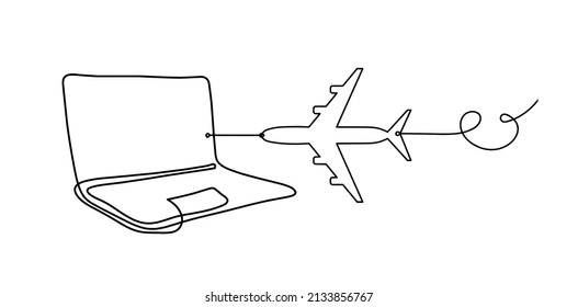 Abstract laptop with plane as line drawing on white as background. Vector