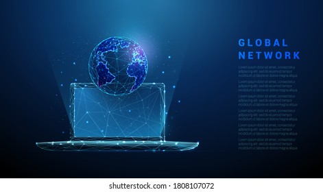 Abstract Laptop With Planet Earth. Low Poly Style Design. Blue Geometric Background. Wireframe Light Connection Structure. Modern 3d Graphic Concept. Isolated Vector Illustration.