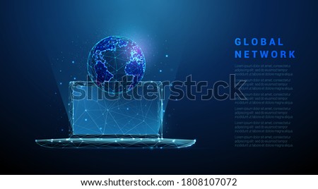 Abstract laptop with planet earth. Low poly style design. Blue geometric background. Wireframe light connection structure. Modern 3d graphic concept. Isolated vector illustration.
