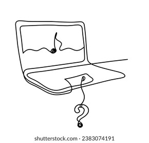 Abstract laptop and question mark as line drawing on white background. Vector