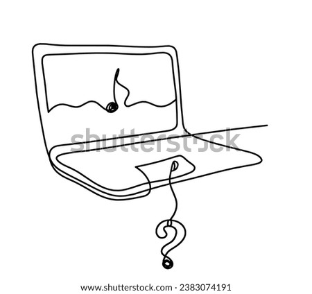 Abstract laptop and question mark as line drawing on white background. Vector