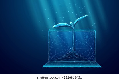 Abstract Laptop with Seedling Growth. Agriculture Concept. Smart Farm in Digital Low Poly 3D Style. Wireframe Futuristic Vector Illustration of Plant and Mobile Computer on Dark Blue Background.
