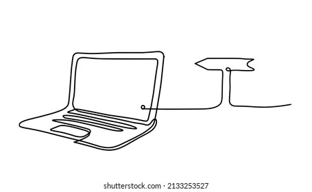 Abstract laptop with sign of direction as line drawing on white as background. Vector
