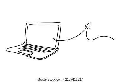 Abstract laptop with sign of direction as line drawing on white as background. Vector