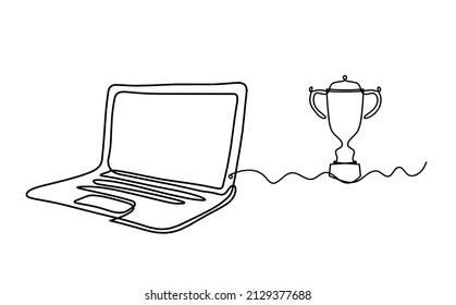 Abstract laptop with trophy as line drawing on white as background. Vector
