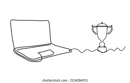 Abstract laptop with trophy as line drawing on white as background. Vector