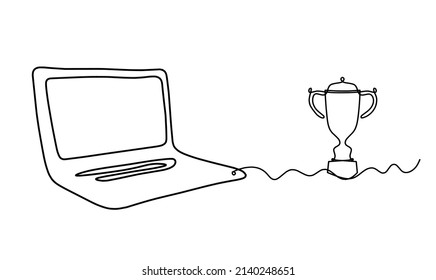 Abstrakter Laptop mit Trophäe als Linienzeichnung auf weißem Hintergrund. Vektorgrafik