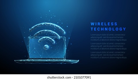 Resumen de la laptop con el símbolo wi-fi. Concepto de tecnología inalámbrica. Diseño de bajo estilo polaco. Fondo geométrico azul. Estructura de conexión de la luz del bastidor acústico. Gráfico 3d moderno. Ilustración vectorial aislada.