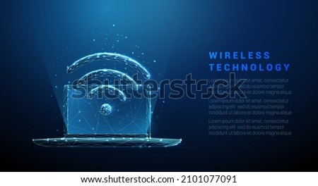 Abstract laptop with wi-fi symbol. Wireless technology concept. Low poly style design. Blue geometric background. Wireframe light connection structure. Modern 3d graphic. Isolated vector illustration.