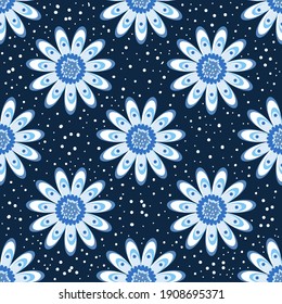Resumen de grandes mareas sobre un fondo azul con manchas blancas.El clásico patrón floral simple para textil, tela, fondo, papel envolvente, tapiz, fondo y cerámica.