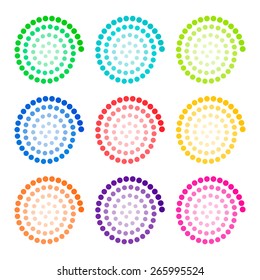 abstract large set of colorful swirly color pallet illustration. 9 different Spiral color wheels.