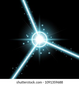 Abstract laser beams with light circle and stardust on black background, light effect, aqua color